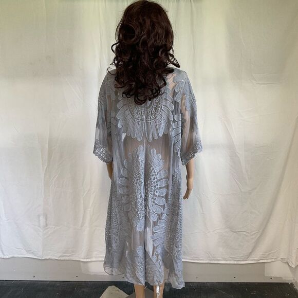 Rebellion Again Grey Open Front Wide  3/4 Sleeve Lace Duster Kimono L - Picture 5 of 10